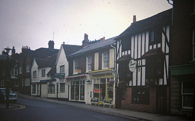 A view taken in the 1960s of shops adjacent to the   town hall   in   Market Place  .    Photo kindly provided by Roy Sadler.  