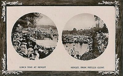 This postcard shows views of the Henley Royal Regatta taken from Phyllis Court.