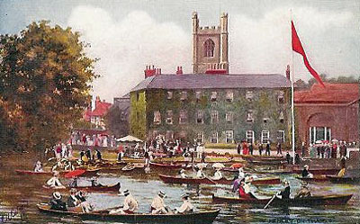 A crowded river in front of The Red Lion hotel during regatta time.