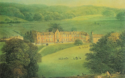 An old painting of the manor house in Stonor Park painted from a hill within the grounds.